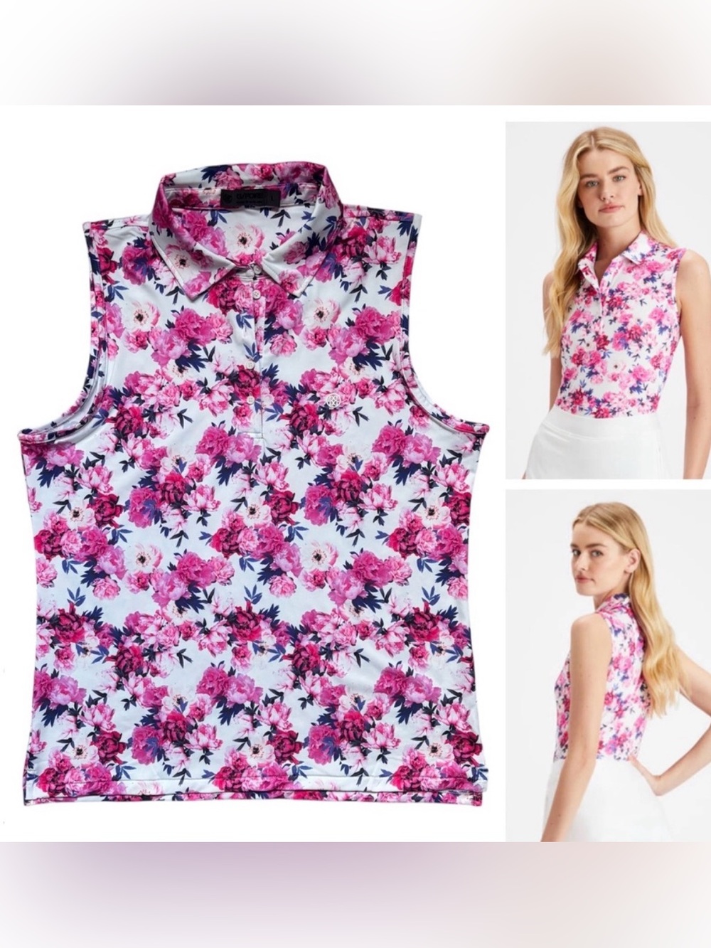G/Fore XS Golf Sleeveless Polo Tech Top Tank Photo Floral EUC Athletic Collar
